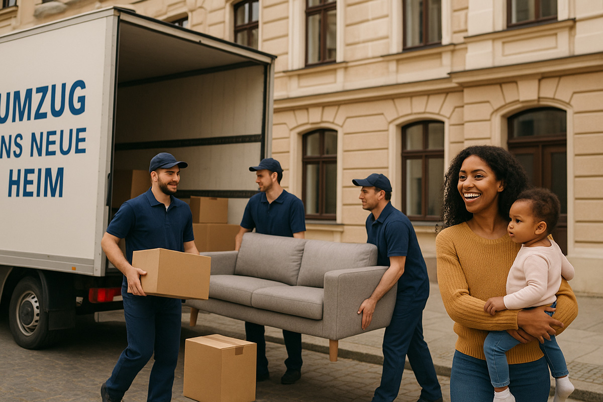 Auf dem Bild sind drei Männer in dunkelblauer Arbeitskleidung dabei, Möbel und Umzugskartons aus einem Transporter zu entladen. Der Text auf dem Transporter lautet: „UMZUG INS NEUE HEIM“. Zwei der Männer tragen gemeinsam ein graues Sofa, während ein dritter einen Karton in den Händen hält. Im Vordergrund rechts steht eine Frau mit einem kleinen Kind auf dem Arm. Die Szene spielt sich vor einem hellen Altbau mit großen Fenstern ab.